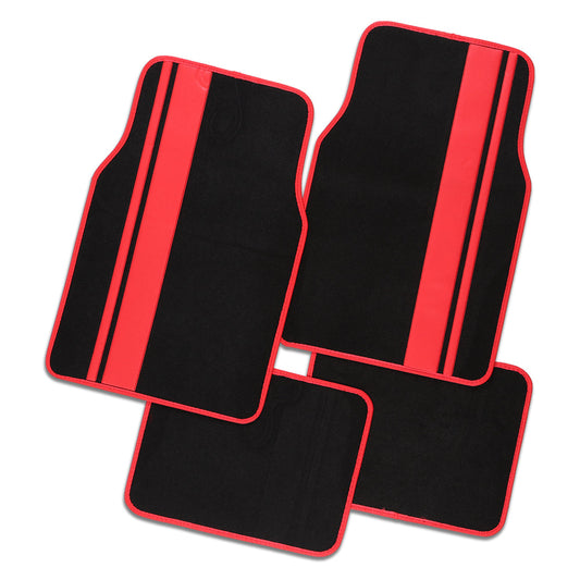 Universal Carpet Car Floor Mats 4 Black With Red Pvc Stripes