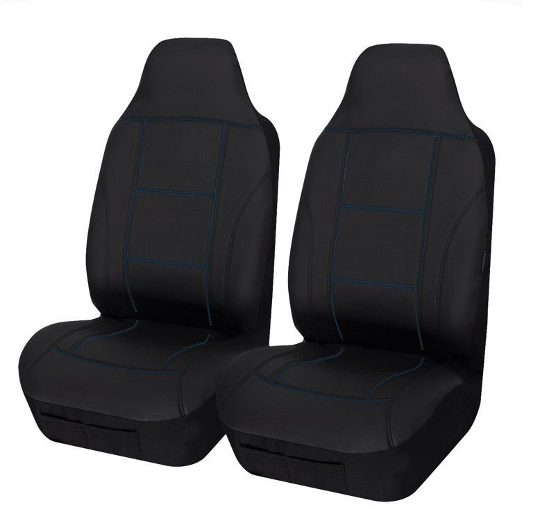 Universal Lavish PU Leather - Front Seat Covers Size 60/25 | Black/Blue Stitching