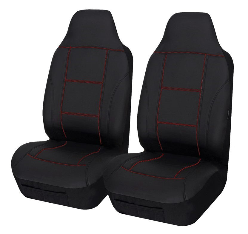 Universal Lavish PU Leather -  Front Seat Covers Size 60/25 | Black/Red Stitching