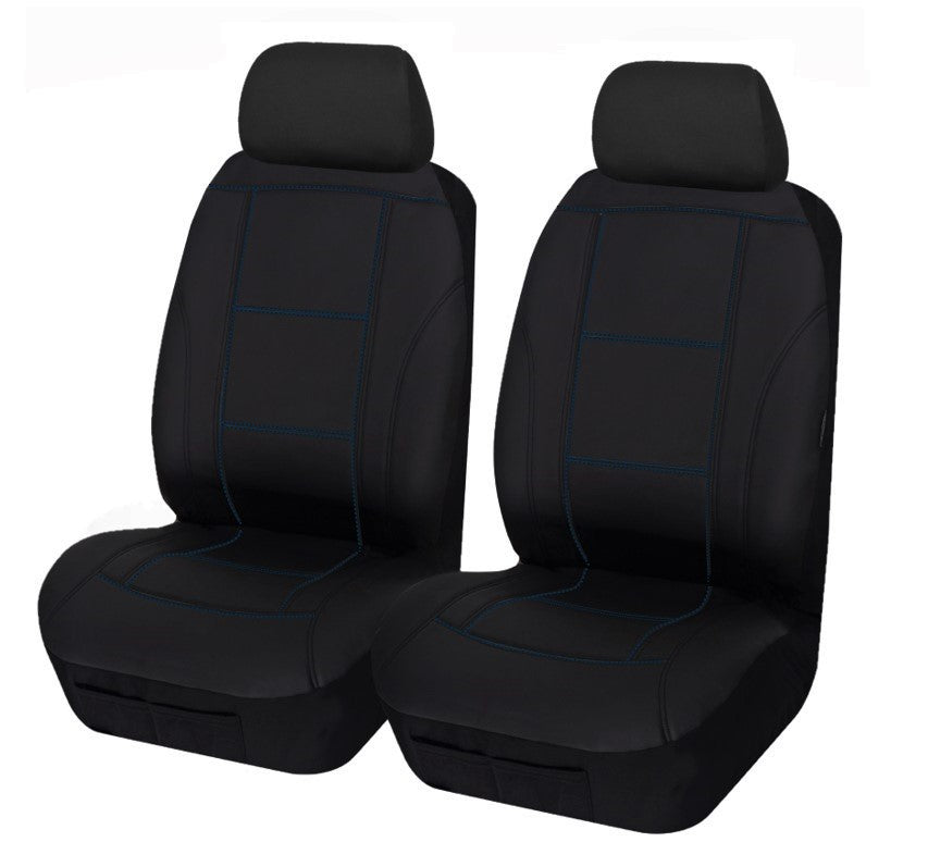 Universal Lavish PU Leather - Front Seat Covers Size 30/35 | Black/Blue Stitching