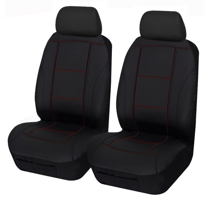 Universal Lavish PU Leather - Front Seat Covers Size 30/35 | Black/Red Stitching