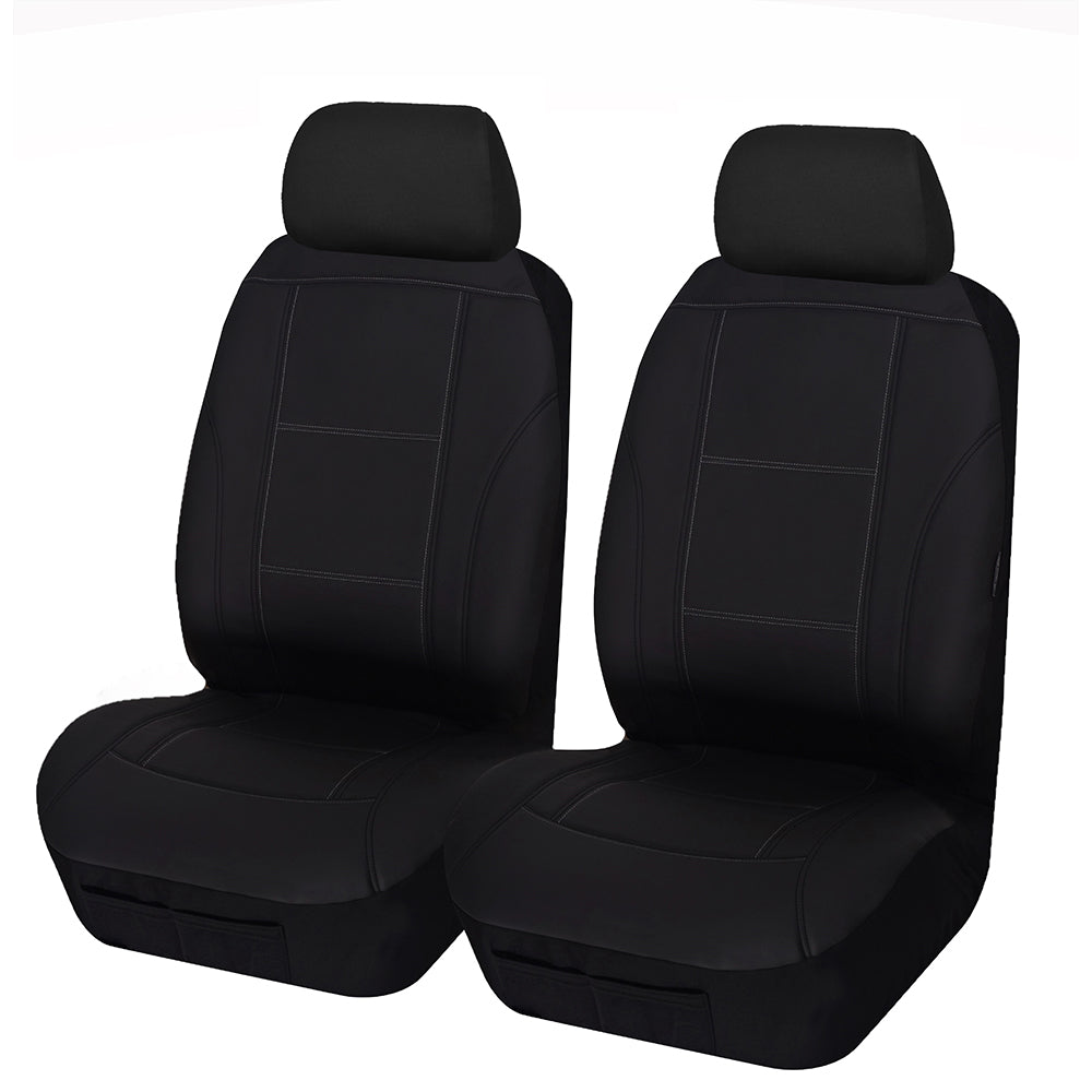 Universal Lavish PU Leather - Front Seat Covers Size 30/35 | Black/White Stitching