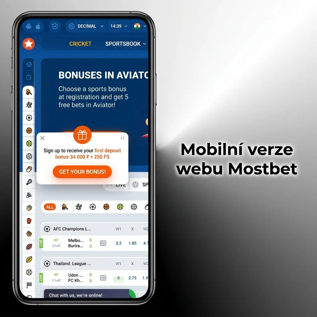 Mobilní verze webu Mostbet v prohlížeči na chytrém telefonu s přístupem ke sázení a kasinu