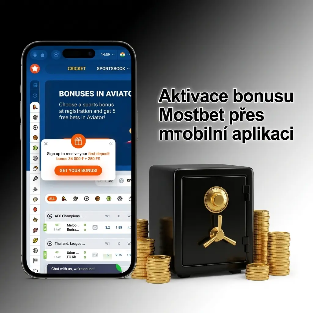 Aktivace bonusu Mostbet v mobilní aplikaci – registrace, vklad 300 Kč a automatické připsání 125 % bonusu a volných zatočení.